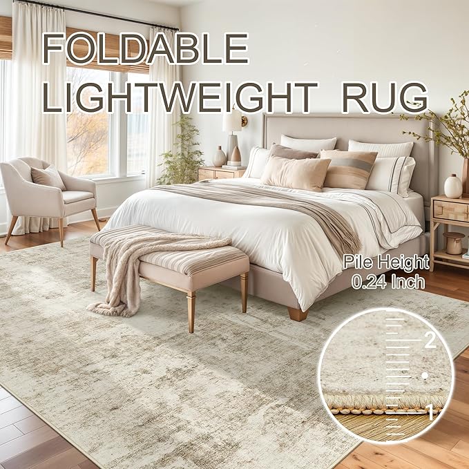 Soalmost Abstract Rug 8x10 Large Living Room Rugs Neutral Modern Washable Area Rugs for Bedroom Dining Room Non-Slip Stain Resistant Foldable Thin Rug Beige Gray
