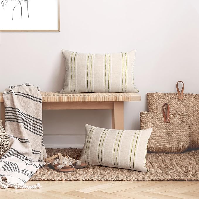 AELS 12x20 Decorative Farmhouse Linen Throw Pillow Covers, Boho Textured Pillow Case, Set of 2, Beige with White & Green Stitch Yarn Dyed Stripe Cushion Cover for Sofa Couch Living Room (Cover ONLY)