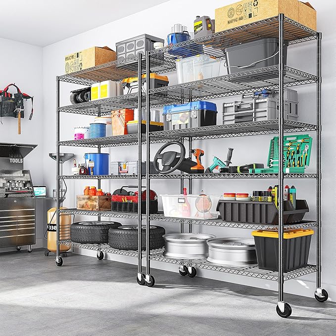 Romorgniz 82" H X45 W X18 D Storage Shelves with Wheels, 6 Tier Wire Shelving Adjustable Metal Shelving Pantry Shelves Capacity 2100LBS for Garage Shelving, Pantry, Kitchen, Closet, Commercial, Black