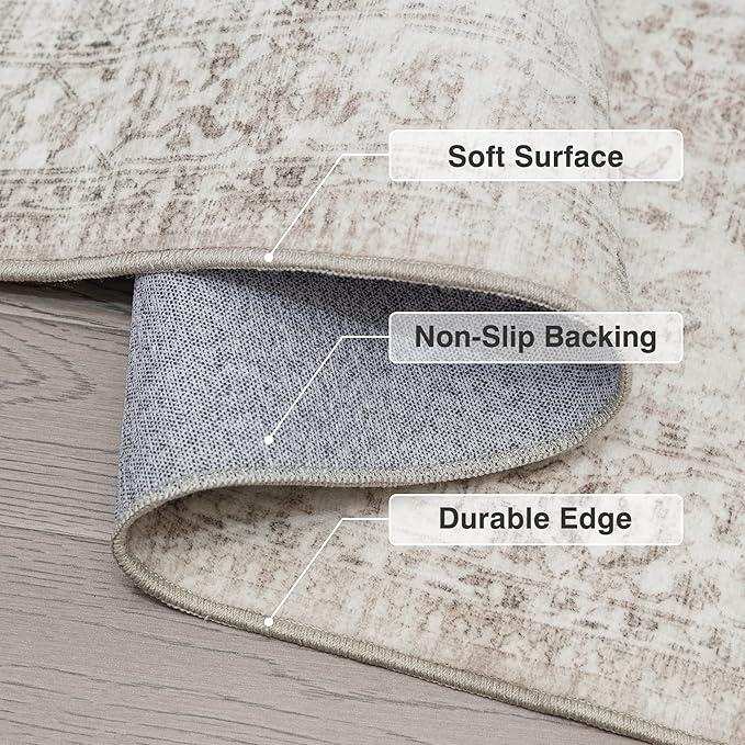 Fmfunctex 2x8 Runner Rug Beige Washable Vintage Neutral Distressed Non Slip Low Pile Indoor Carpet Soft Retro Floral Hallway Entryway Rug for Kitchen Living Room Bedroom Bathroom Laundry Entry Bedside