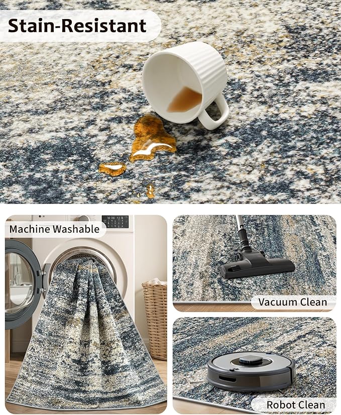 Art&Tuft Washable Rug 6x9, Anti-Slip Backing Abstract 6x9 Area Rug, Stain Resistant Rugs for Living Room, Foldable Machine Washable Area Rug (6'x9', Navy)