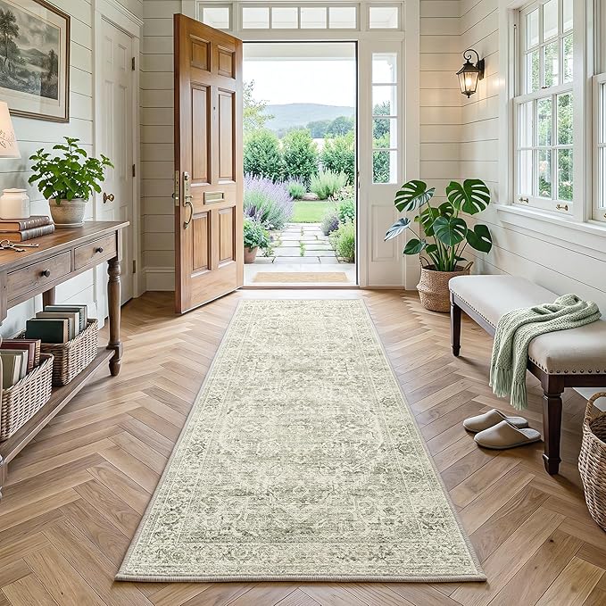 FMFUNCTEX 2x6 Runner Rug Green Neutral Washable Distressed Oriental Vintage Non Slip Low Pile Indoor Carpet Retro Hallway Entryway Rug for Kitchen Living Room Bedroom Bathroom Laundry Entry Bedside