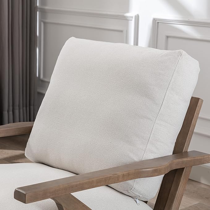 chairus Mid-Century Modern White Linen Accent Chair, Comfy Upholstered Lounge Armchair with Removable Cushions & Solid Wood Frame, Fabric Reading Chair for Living Room Bedroom Office