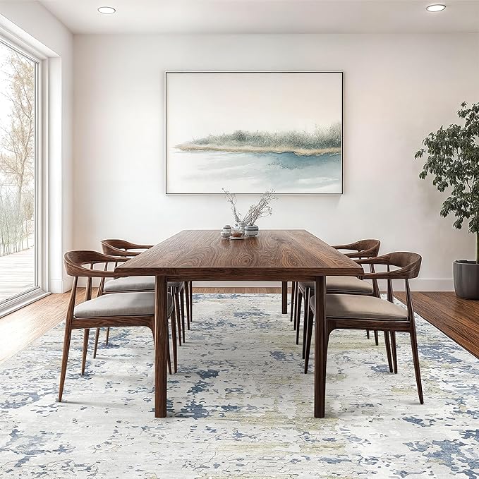Art&Tuft Washable Rug, Anti-Slip Backing Abstract Area Rugs, Stain Resistant Rugs for Living Room, Foldable Machine Washable Area Rug(Beige/Blue, 8'x10')