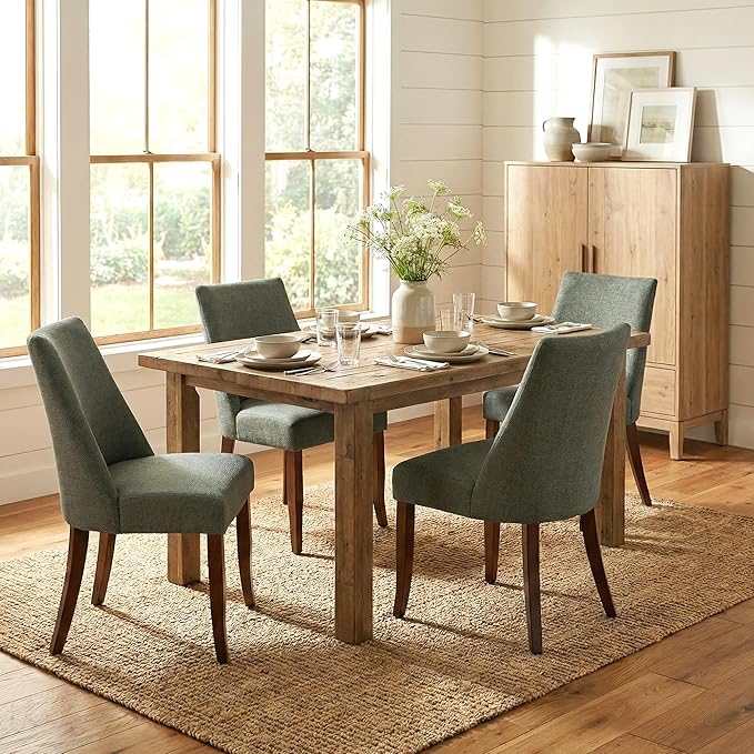 Wooden Dining Chairs Set of 4, Upholstered Farmhouse Fabric Dining Room Chair, Mid Century Kitchen Chair for Restaurant & Cafe, Green
