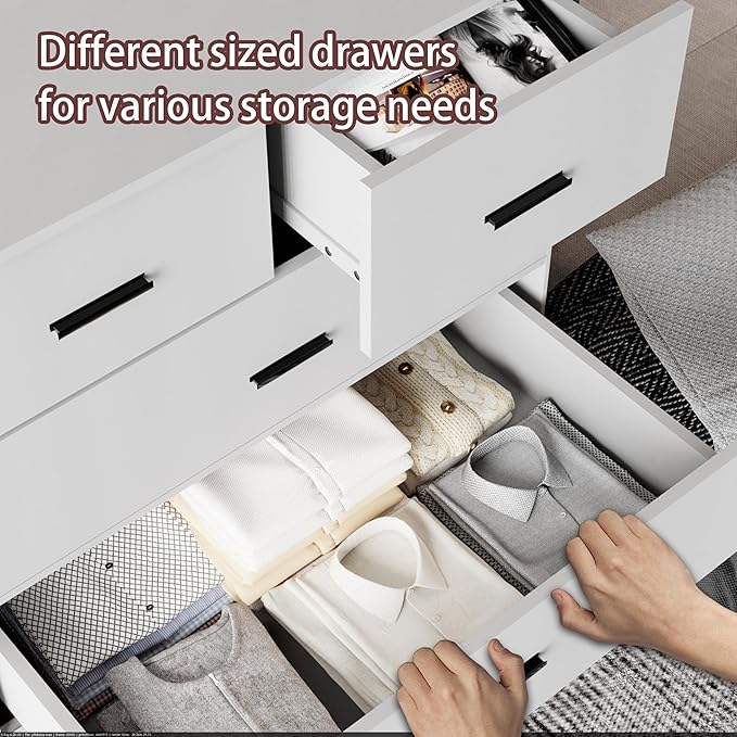 FJTJBSI Dresser with Power Outlets Wooden 6 Drawer Dresser with Large Organizer White Tall Storage Organizer with Smooth Metal Rail Modern Chest of Drawers Closet for Bedroom Hallway