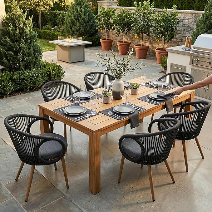 Modern Outdoor Dining Chair Set of 2 with Cushion, Scandinavian Rope Woven Patio Armchairs, Wood-Look Metal Frame, Weather-Resistant Balcony Backyard Dining Seating, Dark Grey