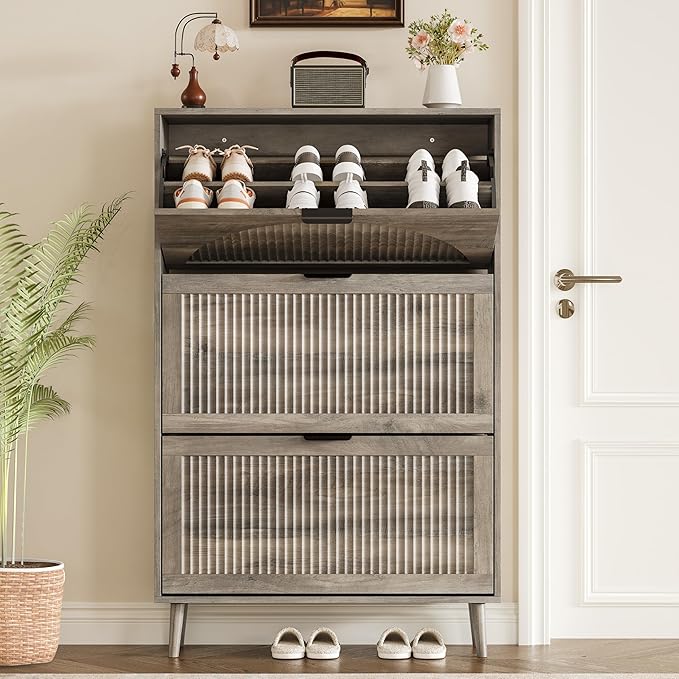 BORNOON Shoe Cabinet for Entryway with 3 Flip Drawers, Slim Wooden Shoe Storage Organizer with Modern Fluted Pannel，Freestanding Narrow Hidden Shoe Rack for Hallway, Foyer, Living Room
