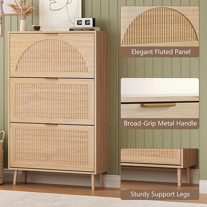 BORNOON Shoe Cabinet for Entryway with 3 Flip Drawers, Slim Wooden Shoe Storage Organizer with Modern Fluted Pannel，Freestanding Narrow Hidden Shoe Rack for Hallway, Foyer, Living Room