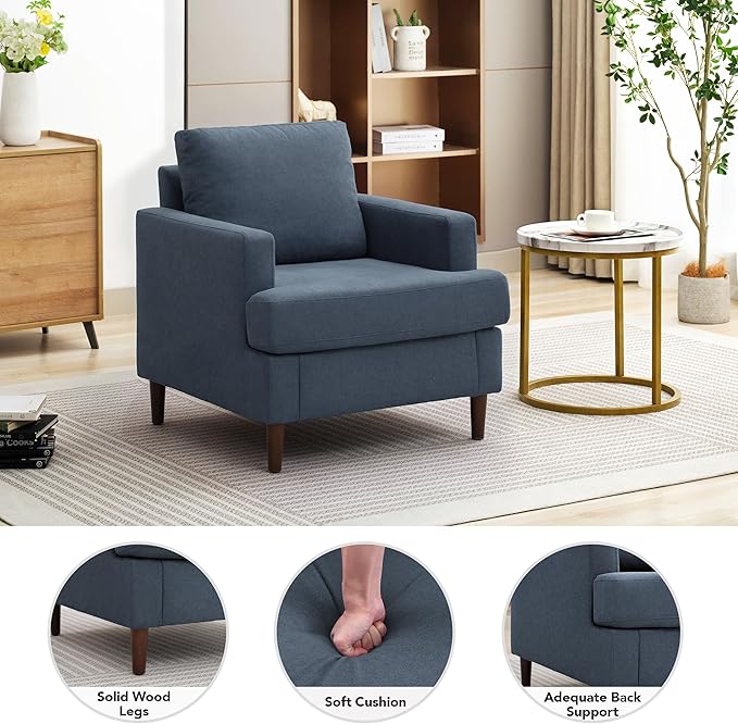 Weture Mid-Century Accent Chair,Modern Linen Fabric Armchair for Living Room,Comfy Upholstered Reading Accent Chairs for Bedroom,Single Sofa Chair with Wood Legs (Blue Grey, 1 Pack)