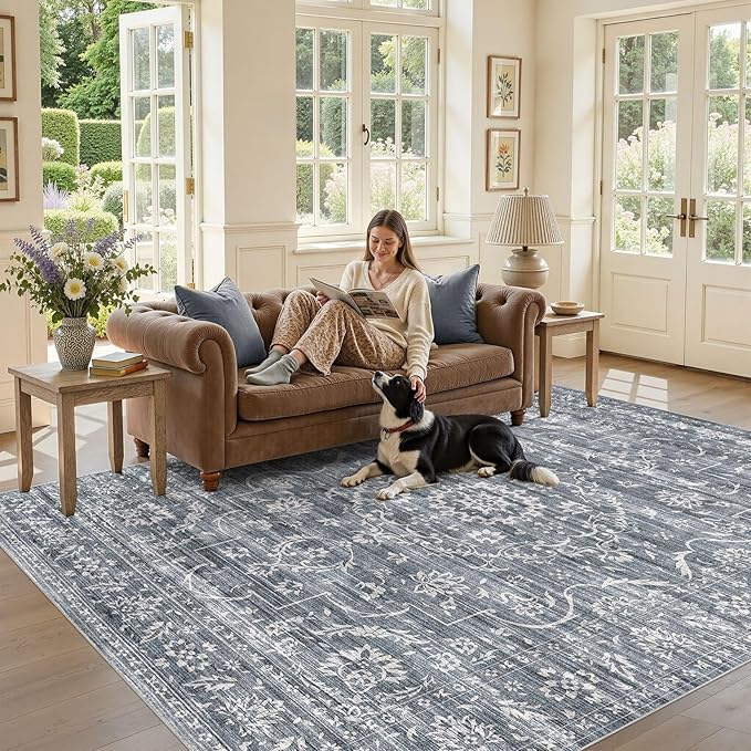 8x10 Area Rug Living Room: Washable Large Vintage Grey Rug Neutral Non-Slip Soft Stain Resistant Indoor Carpet for Bedroom Nursery Dining Room Under Table Bed Home House Office Playroom - Retro Blue