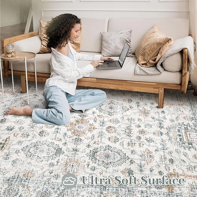 XLUEZ Area Rug 8x10 Living Room Rug, Machine Washable Vintage Distressed Boho Area Rug Non-Slip Soft Low Pile Large Indoor Rugs for Bedroom Kitchen Dining Room Office(Brown Green,8'x10')