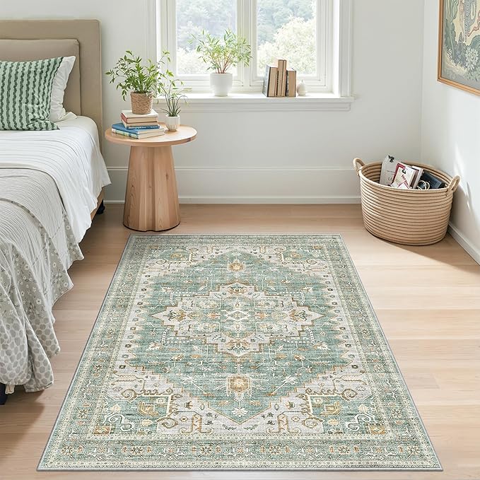 Area Rugs for Living Room - 4x6, Boho Non-Slip Low Pile Carpet Machine Washable Rugs for Bedroom, Farmhouse, Office, Dining Room (Green)