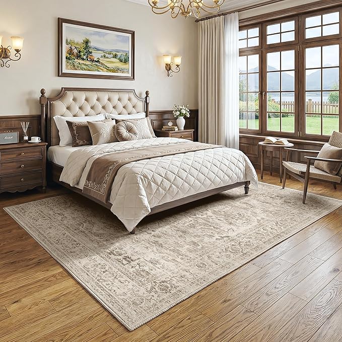 Fmfunctex 8x10 Washable Area Rug Brown Vintage Neutral Distressed Oriental Large Non Slip Carpet for Living Room Bedroom Soft Low Pile Indoor Mat Retro Throw Rug for Dining Room Kitchen Office Nursery