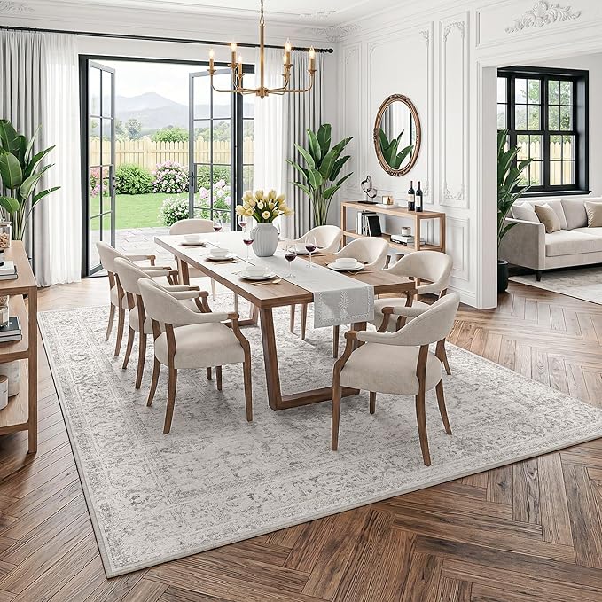 Fmfunctex 8x10 Washable Area Rug Grey Vintage Neutral Distressed Oriental Large Non Slip Carpet for Living Room Bedroom Soft Low Pile Indoor Gray Retro Throw Rug for Dining Room Kitchen Office Nursery