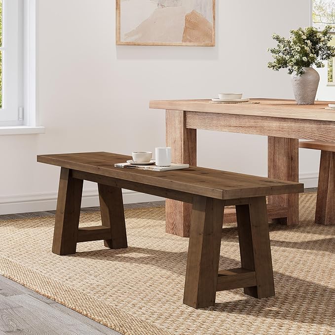 Solid Wood Dining Bench Pair of 2, 55.12-Inch Farmhouse Entryway Bench Seat Indoor for Hallway, Kitchen, Dining Room, Living Room (Dark Brown)
