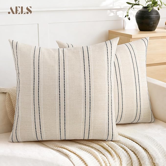 AELS 26x26 Decorative Farmhouse Linen Throw Pillow Covers, Boho Textured Pillow Case, Set of 2, Beige with White & Black Stitch Yarn Dyed Stripe Cushion Cover for Sofa Couch Living Room (Cover ONLY)