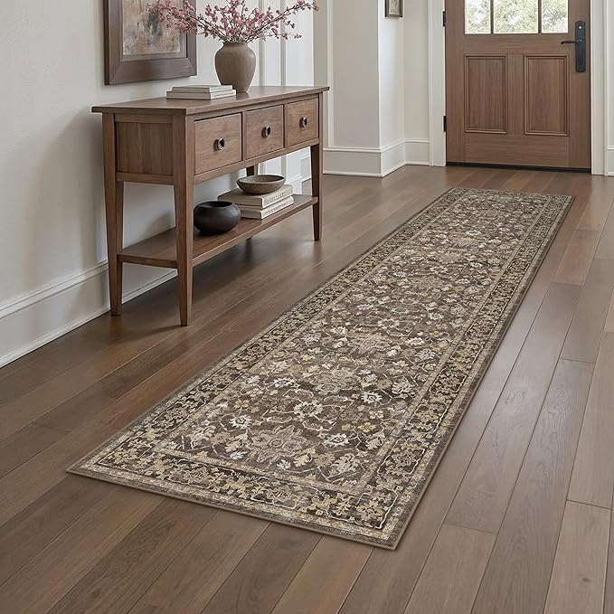 2x8 Brown Washable Vintage Runner Rug for Living Room Long Floral Non Slip Runner Area Rug Modern Low Pile Stain Resistance Carpet Doormat Hallway Kitchen Stair Bedroom Bathroom