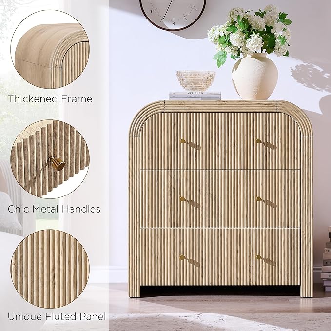 T4TREAM Fluted Dresser with 3 Drawers, 32" Tall Modern Chest of Drawers with Thickened Curved Profile Design, Wood Closet Clothes Storage Organizer for Bedroom, Living Room, Hallway, Natural Oak
