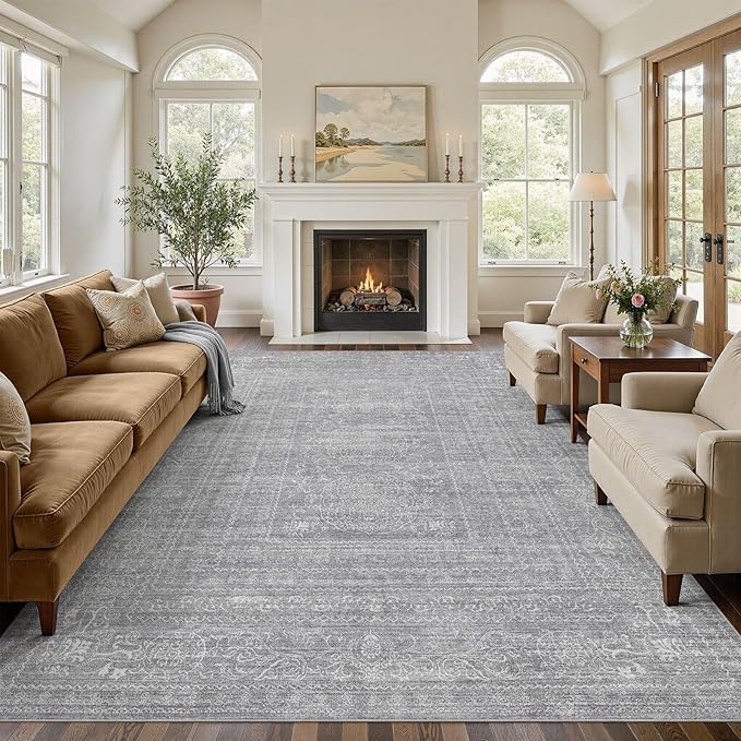 10x12 Area Rug Living Room: Washable Large Vintage Grey Rug Neutral Non-Slip Soft Stain Resistant Indoor Carpet for Bedroom Nursery Dining Room Under Table Bed Home House Office Playroom