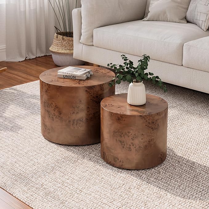 WILLIAMSPACE 18.9" Round Nesting Coffee Table Set of 2, Modern Wooden Coffee Tables Small Circle Center Table for Living Room, Accent End Table Set, No Assembling (Brown Burl)