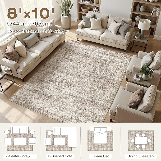 cotiled Large Area Rugs for Living Room 8x10, Machine Washable Rugs with Non Slip Backing Modern Neutral Abstract Rugs Stain Resistant Distressed Carpets for Home Office Decor 8x10 Dark Brown