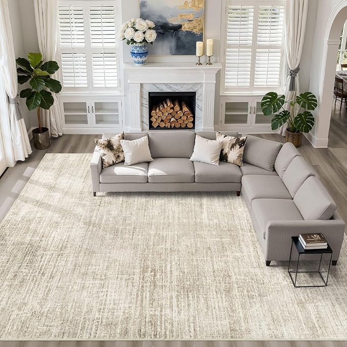 10x13 Area Rug Living Room: Washable Large Neutral Beige Rug Abstract Soft Modern Stain Resistant Indoor Floor Non-Slip Carpet for Bedroom Nursery Kids Office Playroom Dining Room Under Table Home