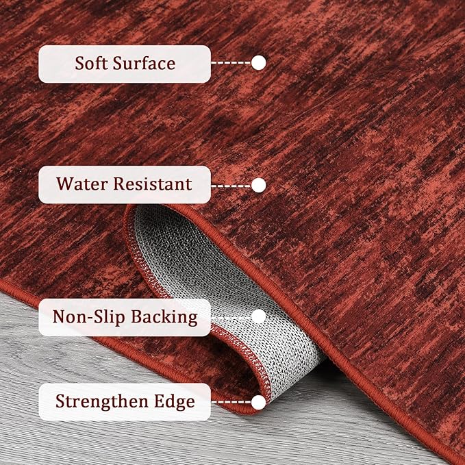 RUGSREAL 8x10 Washable Rug for Living Room Non-Slip Modern Abstract Area Rug Stain Resistant Large Bedroom Rug Contemporary Accent Throw Floor Carpet Solid Rug for Dining Room Home Decor, Red
