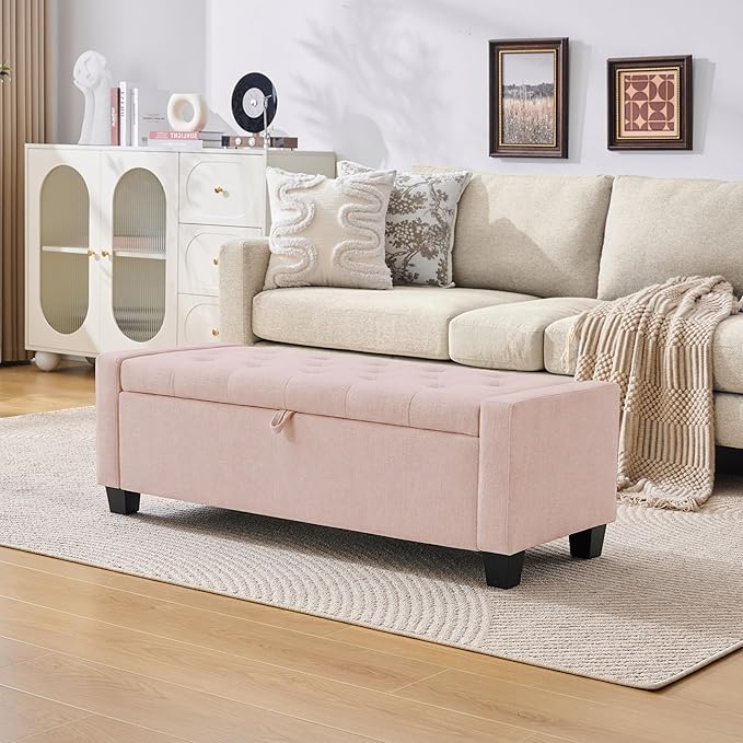 Huatean Home 43" Ottoman with Storage, Pink Storage Ottoman Bench with Safety Hinge, Upholstered Entryway Bench with Seating for Bedroom, Living Room, Holds up to 330 lb
