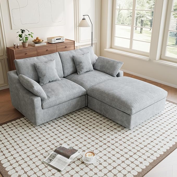 Modular Sectional Sofa Cloud Couch, 82.68" Loveseat Sofa with Chaise Ottoman, Linen Blend Fabric Minimalist Deep Seat Couches for Apartment Small Space, Sofa Covers Washable&Removable, Grey
