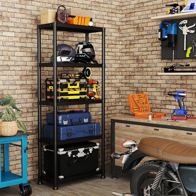 Plastic Storage Shelves, 70.2" H x 12" D x 24" W Plastic Shelves for Storage, 5-Tier Shelving Unit, Storage Rack, 330 lbs, Bathroom, Laundry, Garage & Home