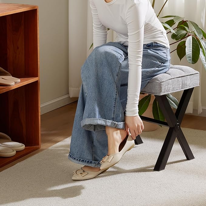 Royal Windsor Vanity Stool,Square Ottoman Stool Foot Rest,Upholstered Vanity Chair Foot Stool with Metal X Legs, Small Vanity seat for Entryway,Bedroom and Living Room,Linen Light Grey