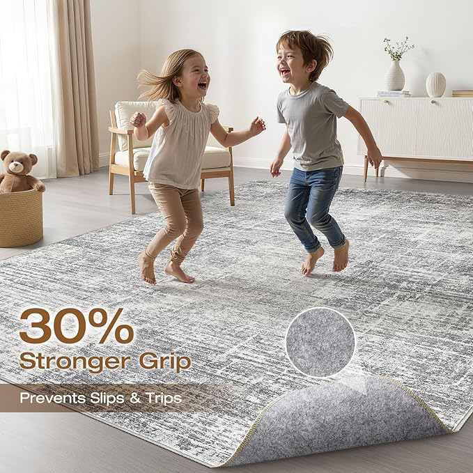 7x10 Area Rug Living Room: Washable Large Neutral Grey Rug Abstract Soft Modern Stain Resistant Indoor Floor Non-Slip Carpet for Bedroom Nursery Kids Office Playroom Dining Room Under Table Home