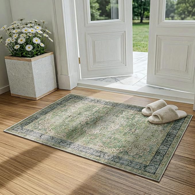 Entryway Rug 2x3 Green Washable Vintage Entryway Area Rug Distressed Oriental Neutral Non Slip Low Pile Door Mat Soft Retro Small Throw Thin Indoor Carpet for Entry Entrance Kitchen Bathroom Bedroom