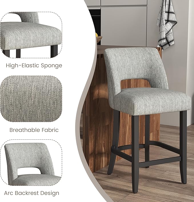 VKNOW Bar Stools Set of 2, 26" Upholstered Counter Height Bar Stools, Modern Counter Stools with Black Legs for Kitchen Island Dining Room Bar, Light Grey-Black Legs