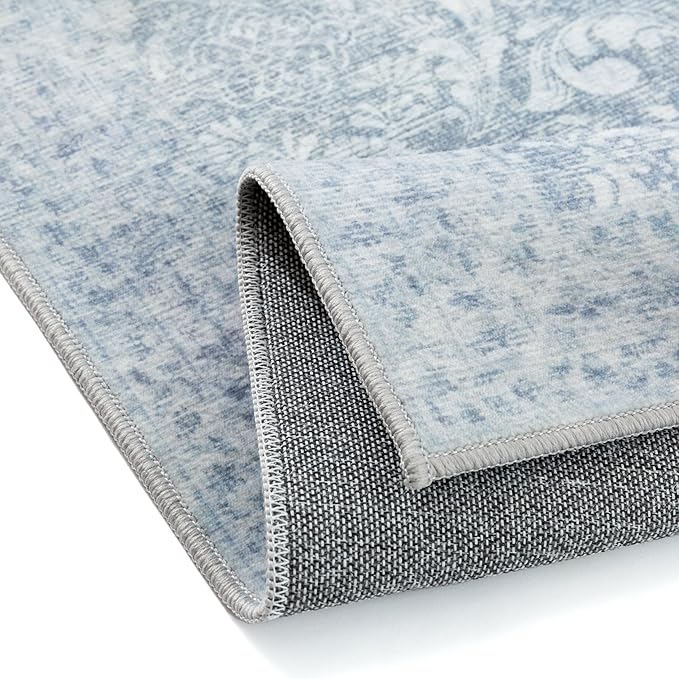 PureCozy Washable Area Rug 2x3, Small Non-Slip Entryway Door Mat Vintage Low Plie Thin Indoor Kitchen Bathroom Rug Retro Accent Throw Entrance Bedroom Office Carpet Blue