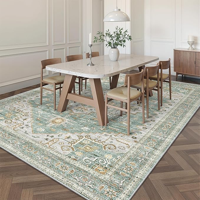 Area Rugs for Living Room - 9x12, Boho Non-Slip Low Pile Carpet Machine Washable Rugs for Bedroom, Farmhouse, Office, Dining Room (Green)