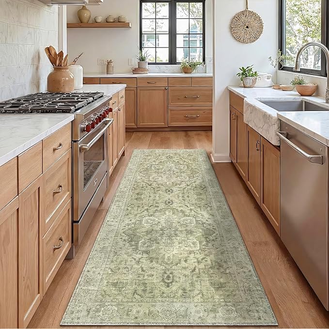 Homemate Washable Rug 2x6 Area Rugs - Vintage Faux Wool Rugs for Living Room Bedroom Dining Room - Non Slip Foldable Carpet Indoor Area Rug for Home Decor（2'x6', Green