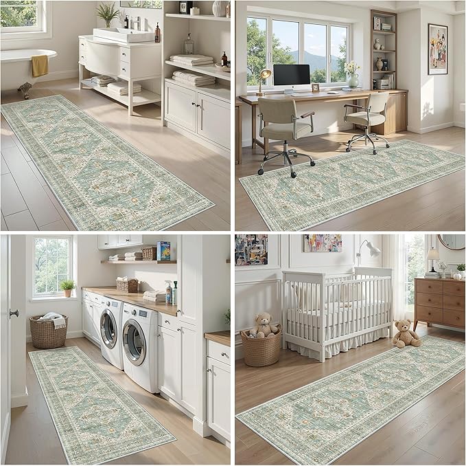 Runner Rug 2'x6' Washable Vintage Area Rugs for Hallway Non Slip Laundry Rug Runner Boho Floor Carpet Runners for Entryway Laundry Room Kitchen Bathroom (2'x6',Green)