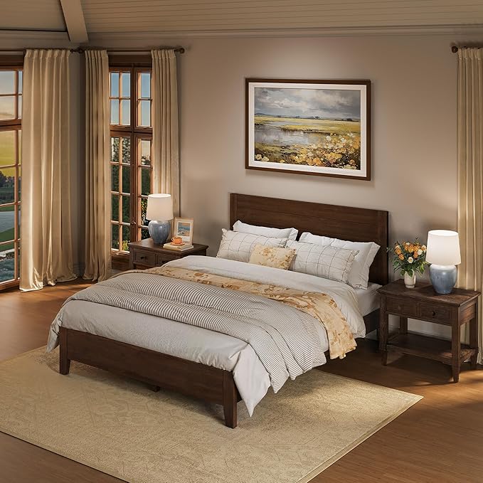 Cozyman Queen Bed Frame with Headboard, 100% Solid Acacia Wood Platform, 800lb Heavy Duty Support with 10 Reinforced Legs, Noise-Free No Box Spring Needed, Low-Profile Design, Walnut