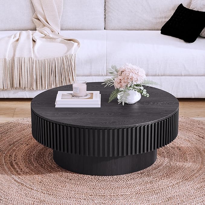 39.37'' Round Coffee Table with Storage, Solid Wood Veneered Modern Drum Coffee Table Accent Tea Table for Living Room, Bedroom, Apartment or Office-Black