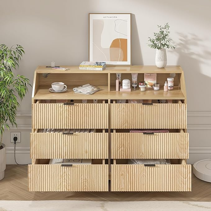 Fluted Dresser for Closet, Boho Bedroom 6 Drawer Dresser TV Stand with Charging Station, Oak Wide Chest of Drawers, Farmhouse Wood Closet Clothes Storage for Living Room, Metal Handle, 47"