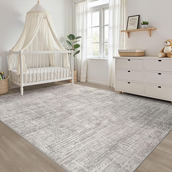 7x10 Area Rug Living Room: Washable Large Neutral Rug Abstract Soft Modern Stain Resistant Indoor Floor Non-Slip Carpet for Bedroom Nursery Kids Office Playroom Dining Room Under Table- Brown Gray