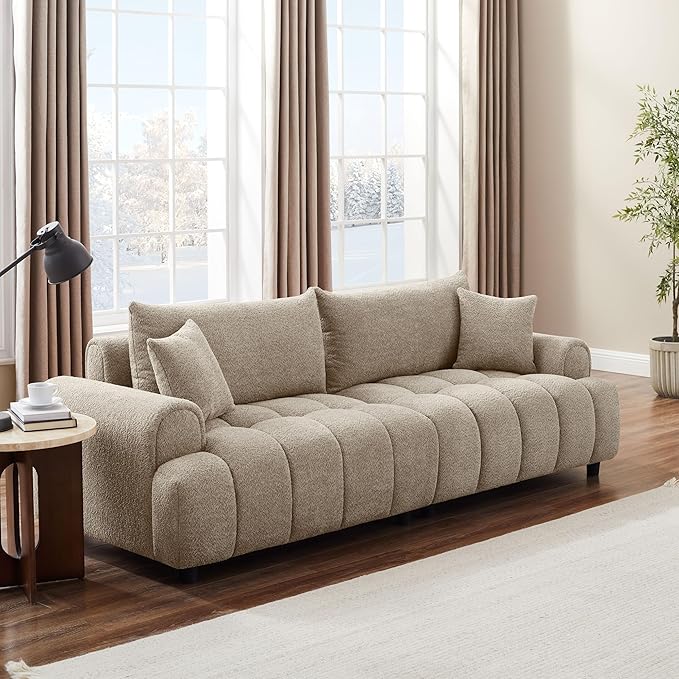 VANOMi Boucle Sofa Couch, 91" Comfy Tufted Upholstered Cloud Couches, Modern 3 Seater Sofa with Pillows, Oversized Deep Seat Sherpa Couch for Living Room, Bedroom, Apartment (Camel Color)