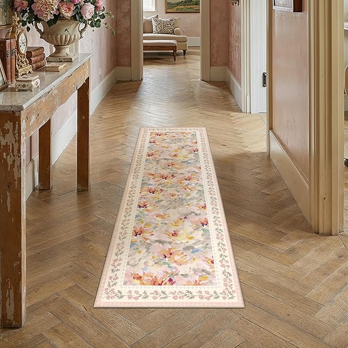 2x5 Washable Runner Rug Beige Pink Floral Abstract Hallway Kitchen Throw Rug Modern Non Slip Soft Low Pile Carpet for Bathroom Laundry Bedroom Living Room