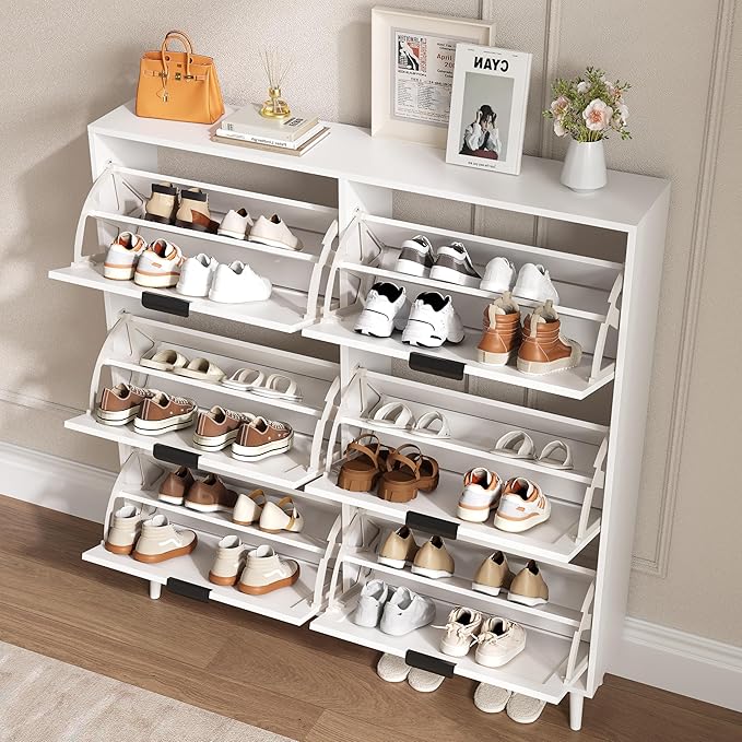 BORNOON Shoe Cabinet for Entryway with 6 Flip Drawers, Slim Wooden Shoe Storage Organizer with Modern Fluted Pannel，Freestanding Narrow Hidden Shoe Rack for Hallway, Foyer, Living Room