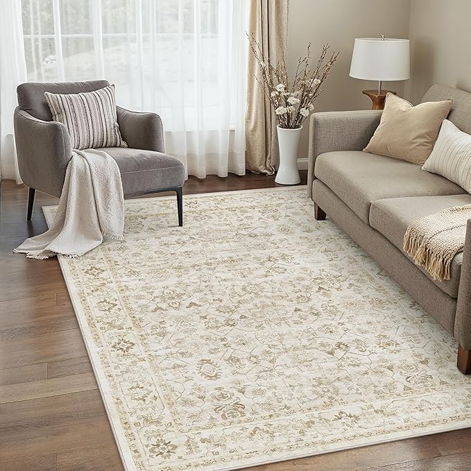 4x6 Beige Washable Neutral Area Rug for Living Room Soft Floral Non Slip Throw Rug Modern Low Pile Stain Resistance Indoor Carpet Entrance Laundry Dining Room Bedroom Office Playroon