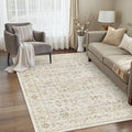 4x6 Beige Washable Neutral Area Rug for Living Room Soft Floral Non Slip Throw Rug Modern Low Pile Stain Resistance Indoor Carpet Entrance Laundry Dining Room Bedroom Office Playroon
