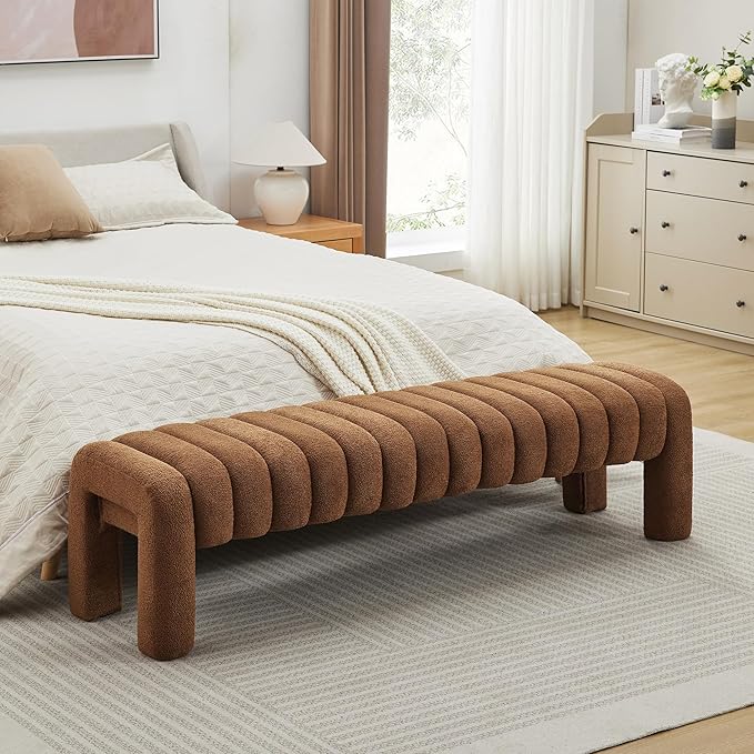 63" Upholstered Boucle Bench Bedroom, Padded King Size Long Ottoman Bench, Sherpa Window Seat for Living Room, Entryway, End of Bed, Rust Brown