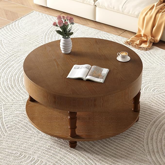 31.5" Round Coffee Table with Storage, 2 Tier Modern Center Table, Adjustable Leveling Feet, Easy Assembly, Wood Coffee Table for Living Room, Apartment, Small Space. (Walnut)